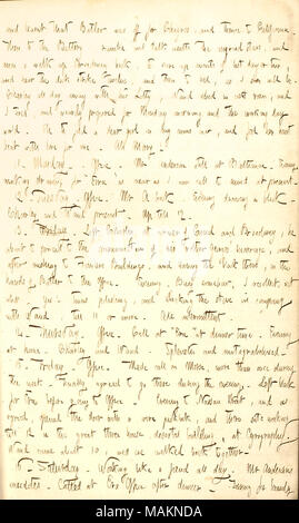 Discute il suo lavoro per Charles F. Anderson ed altri. Trascrizione: e appreso che [Norton] maggiordomo era spento per Chagres e quindi alla California. Poi la batteria, ramble e parlare di neath la miriade di stelle e anon una passeggiata fino a Broadway indietro, al cliente di eventi di un giorno o due e sentire il colpo di clock dodici, e poi a letto, come mi saranno presto. Charley [Brown] tutto il giorno lontano con il suo Lotty [Kidder], [Alfred] Waud abed nella camera accanto e mi stanco e stancamente preparato per il lunedì mattina e la giornata di lavoro mondiale. Oh per trovare una cara ragazza in le mie braccia e sentire il suo cuore battere con amore per me Foto Stock