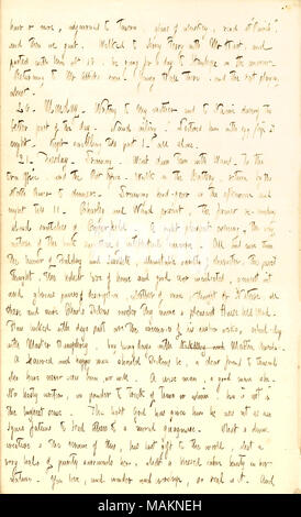 Commenti su David Copperfield di Charles Dickens. Trascrizione: ora o più, interrotta alla taverna, bicchiere di whiskey, letto a ?ǣPunch, ? E poi dobbiamo uscire. Ha camminato per Jersey traghetto con il signor [Henry] Hart e parted con lui a 10 egli andare per un giorno a Stanhope domani. Tornando al signor Abati camera. Giovani [Homer] sala vi e il resto durate la riproduzione. 20. Lunedì. La scrittura di mia madre [Naomi Butler Gunn] e a Naomi [Gunn] durante la parte migliore della giornata. [Alfred] Waud malata. Lui truccati con uovo pip di notte. Tenuto scarabocchi fino al passato 1. tutti i soli. 21. Martedì. Disegno. È andato giù in città Foto Stock