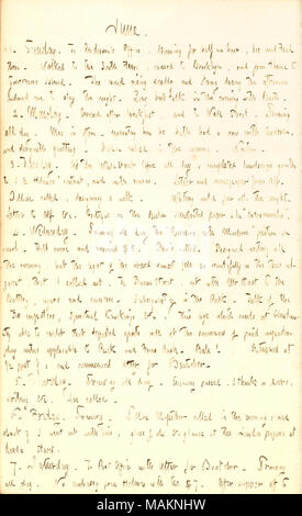 Menziona il suo lavoro e commenti brevemente su impostori che sostengono la capacità di evocare gli spiriti dei morti. Trascrizione: Giugno. 1. Domenica. [Charles F.] Anderson ?s Office, disegno per mezz'ora, Joe [Greatbatch] e Fred [Anderson]. Camminava a sud del traghetto, attraversata a Brooklyn, e di là a Governors Island. Il vento shrilly salita e forte durante il pomeriggio mi ha indotto a rimanere la notte. Libro lungo parlare in serata con [William] Barth. 2. Lunedì. Dopo aver attraversato la prima colazione e per Wall Street. Disegno tutto il giorno. Mac Namara[] in spesso ? Raccontare come egli ha avuto una riga con Foto Stock