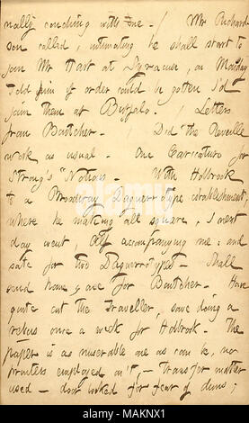 Commenti sullo stato del viaggiatore periodico. Trascrizione: nally adagiandosi con me. / Il signor [Giuseppe] Richardson chiamato, intimating egli deve iniziare a unire il signor [Henry] Hart a Siracusa, lunedì gli ha detto che se l'ordine potrebbe essere ottenuto ho ?d unirsi a loro a Buffalo. / Le lettere da [William] Boutcher. / Ha fatto la sveglia funziona come di consueto. Una caricatura di [Thomas W.] Forte ?s ?ǣ[Yankee] nozioni. Con Holbrook a Broadway Daguerrotype stabilimento dove egli rendendo tutti i quadrati, ho il giorno successivo è andato, Alf [Waud] mi accompagnano: e sate per due Daguerrotypes. Deve inviare a casa, uno per Boutcher. Hanno piuttosto tagliare th Foto Stock