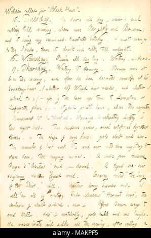 Descrive per partecipare ad una riunione del divertimento e Intellectual-Marriage-accelerando la società. Trascrizione: [Charles] Weldon chiamato per ?ǣBleak House. ? 15. Martedì. In porte di tutti i giorni e mai un anima chiamando fino alla sera, quando giunse [Joseph H.] vivacemente e [Charles] marrone; ed essendo i miei sette-e-ventesimo compleanno, devo andare anche a tutte le sfumature, lì a bere e a parlare fino a mezzanotte. 16. Mercoledì. La pioggia per tutta la giornata. La scrittura in-porte. 17. Giovedì. Scrittura e disegno. Brown è venuto alle 6 di sera, e dopo aveva decorato se stesso al suo imbarco-house, (dove Alf Waud risiede ora, e Foto Stock