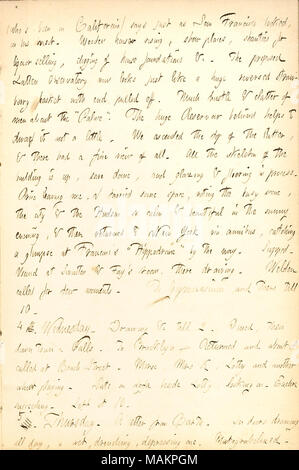 Descrive una visita al Palazzo di Cristallo con il prezzo. Trascrizione: (chi ?s stata in California) dice proprio come San Francisco sembrava, sulla sua visita. Case di legno in aumento, luoghi di spettacolo, shanties per vendita di liquori, scavo di fondamenta della casa &c. Il proposto osservatorio di lamierino ora appare come un enorme invertita cesto di fragole con fine tirata fuori. Molta confusione e sbattere di uomini circa il ?ǣPalace. ? Il grande serbatoio dietro aiuta a nana non è un po'. Abbiamo salito la parte superiore di quest'ultimo, e ci aveva una bella vista di tutti. Tutti lo scheletro dell'edificio è alto, salvare dome e vetri e i pavimenti Foto Stock