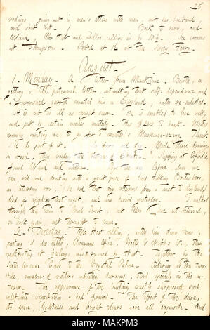 Menziona la morte improvvisa del proprietario del ristorante, Erford, e descrive una visita al Palazzo di Cristallo a New York con Henry Hart. [Masque]radings, uscendo in uomini ?s costumi con gli uomini, e non di suo marito, e cosa non. / Torna a camera, e [Alfred] Waud, signor [Henry] Hart e Dillon [Mapother] chiamando in da 10 1/2. Gelati in Thompsons. Parted a 12 presso il Jersey traghetto. Agosto. / 1. Lunedì. Una lettera di Mackinac. [William] Barth, su come ottenere una fredda lettera paterna, intimating che auto-dependance e un soppalco arredato lo attende in Inghilterra; ha ri-arruolato. Non è così male come potrebbe sembrare. Egli è Foto Stock