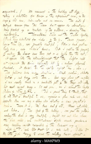 Descrive una visita al Crystal Palace di New York, e descrive le sculture e altri display vi vedeva. overpowered. / Siamo rimasti nell'edificio tutto il giorno, prendendo un sostituto per la cena nella sala di ristoro, in forma di prosciutto freddo, soda-acqua e gelati. I vestiti di armature antiche dalla torre don ?t sembrano vantaggio essendo appollaiati su staffe da gallerie, ? Li rimpicciolendo notevolmente. [Bertel] Thorwaldsens Salvatore e i dodici Apostoli, (Paolo essendo sostituito per Judas, dai. Queste cifre, più grandi di vita, sono grandly bella, Pietro ?s parte di testa Foto Stock