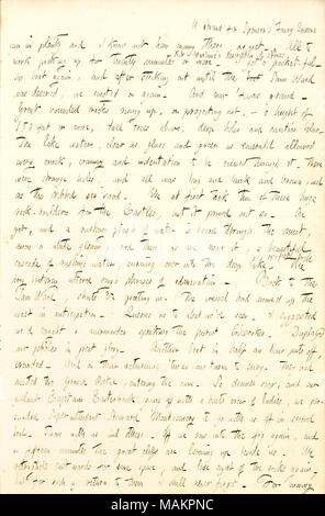 Descrive arrivando a Pictured Rocks sul lago Superiore e prendere una piccola barca per un'escursione fino alla riva dal Sam Ward. Trascrizione: ian in abbondanza e non so quanti altri ancora. Un filamento per [Edmund Spenser] ?s Fairy Queene tutti a operare il prelievo per venti minuti o più. Kit Marlowe ?s descrizione di pietre ho ottenuto un pocket-ful. In barca nuovamente e dopo aver depennato fino a quando la barca Sam Ward è stata descritta, abbiamo costeggiato su nuovo. E ora ?twas grand. Grandi massi arrotondati salendo, o sporgente fuori, ? Una altezza di 150 metri o più, alti alberi sopra, fori profondi e canties al di sotto di Foto Stock