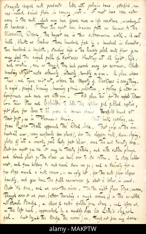 Descrive una visita a Mammoth Cave in Kentucky. Trascrizione: stranamente sagomate ciondoli di roccia, simile a quello di prosciutti geologica, pietrificato, tela ? Oggetto suina ?s carne, in varie articolazioni. Esso deve essere stato waterworn nella roccia, che potrebbe essere offerto più o meno resistenza, secondo la sua durezza. Da destra qui rami via un viale per il Mammoth Dome, la hugest uno in questo mondo sotterraneo. Un ampio salone, nero come Erebus, trecento metri da un centinaio di diametro, duecento in heighth; alta permanente sul lasco impilati a pavimento di roccia si può sentire la terribile pall delle tenebre blanki Foto Stock