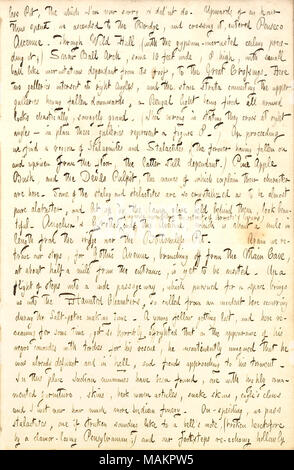 Descrive una visita a Mammoth Cave in Kentucky. Trascrizione: meno Pit, il quale mi ?m ora mi dispiace ?nt fare. Verso l'alto di un'ora così trascorso, abbiamo salito al ponte e che la attraversano, entrato Penseco Avenue. Attraverso il Wild Hall, (con il gesso-incrostata massimale precedente;) Snow Ball Arch, circa dieci metri di larghezza, 8 alta, con piccola palla come incrostazioni dipende dal suo tetto, ai grandi valichi di frontiera. Qui due gallerie si intersecano in angoli retti, e strati di pietra che collega la parte superiore delle gallerie è sceso verso il basso, una luce di bengala essendo sparati tutti intorno sembra chastically, farouchement gran Foto Stock