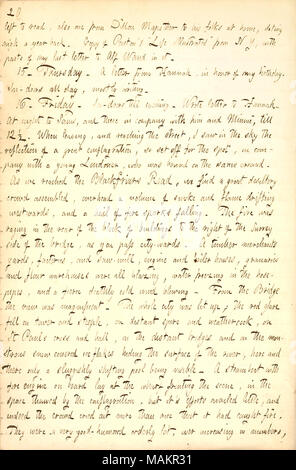 Descrive assistendo a un fuoco bruci in Londra. Trascrizione: a sinistra per leggere, anche uno da Dillon Mapother alla sua gente di casa, risalente quasi un anno indietro. Copia di [James] Parton ?s ?ǣLife illustrato ? Da N Y, con parti della mia ultima lettera di Alf Waud in esso. 15. Giovedì. Una lettera da Hannah [Bennett], in onore del mio compleanno. In-porte tutto il giorno, principalmente la scrittura. 16. Venerdì. In-porte fino alla sera. Ha scritto la lettera a Hannah. Di notte a Sams [Gunn], e vi in società con lui e Minnie [Gunn], fino a 12 1/2. Quando si lascia, e raggiungendo la strada, ho visto nel cielo la riflessione di un grande conflagrati Foto Stock
