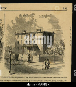Stampa di costruzione su un angolo di strada con diverse persone in piedi lungo la strada insieme con un cavallo e buggy, alberi e una lampada posta. "FREMONT a testa di quarti al ST. LOUIS, Missouri. - [Disegnata da ALEXANDER SIMPLOT.]" (stampato immagine sotto). Il ritaglio da Harper's settimanale, 31 Agosto, 1861, pagina 555. Due altre stampe sulla stessa pagina. Titolo: 'Fremont's Head-Quarters a St. Louis, Missouri." . Il 31 agosto 1861. Alexander Simplot Foto Stock