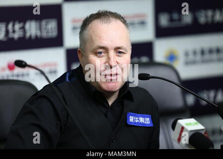 Beijin, Beijin, Cina. 3 apr, 2018. Pechino, Cina-3a aprile 2018: Scottish professional snooker player John Higgins partecipa a una conferenza stampa dopo una partita di biliardo China Open 2018 a Pechino. Credito: SIPA Asia/ZUMA filo/Alamy Live News Foto Stock