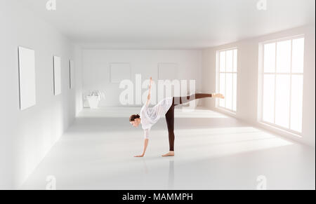 Giovane donna fare yoga esercizio sul pavimento. Il rendering 3d. Foto Stock