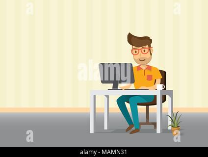 Uomo al lavoro su un computer desktop e la tazza di caffè. Illustrazione Vettoriale