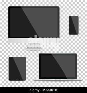 Set di realistico sul monitor di un computer, laptop, tablet e telefono cellulare con vuoto nella schermata bianca. Moderni vari gadget elettronici su sfondo trasparente Illustrazione Vettoriale