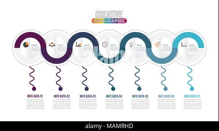 Infografico modello di progettazione e commercializzazione delle icone. Modello per diagramma grafico, presentazione e round grafico. Il concetto di business con 7 opzioni. Illustrazione Vettoriale