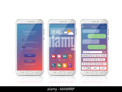 Nuovo realistico mobile smart phone stile moderno. Vector smartphone con icone UI. accesso all'interfaccia di progettazione e di messaggistica sms app su sfondo bianco. Illustrazione Vettoriale