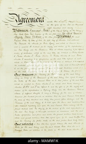 Per quanto riguarda la costruzione di un ferro da stiro a ponte ferroviario a Nowra, Nuovo Galles del Sud, Australia. Titolo: Accordo tra Onward Bates e il suo più graziose maestà la regina Victoria, 6 gennaio 1879 . 6 gennaio 1879. Foto Stock