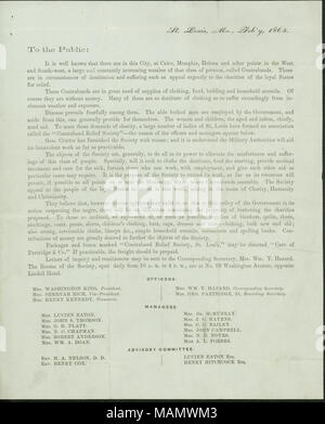 Annuncia la formazione del contrabbando Relief Society a St. Louis. L'associazione mira a "fare tutto quanto è in suo potere per alleviare le miserie e sofferenze " di contrabands nel Mississippi River Valley. Titolo: lettera circolare del contrabbando Relief Society, St. Louis, Mo., al pubblico, febbraio 1863 . Febbraio 1863. Foto Stock