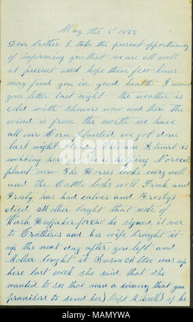 Fornisce notizie di parenti e amici. Titolo: Lettera da Nancy al fratello George Wyckoff, 5 maggio 1863 . Il 5 maggio 1863. Wyckoff, Nancy Foto Stock