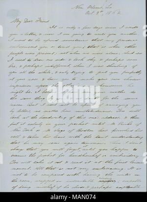 Discute di conversazioni che aveva avuto con i funzionari del 1° Reggimento della Louisiana Brigata native e le loro mogli, suore e amici. Titolo: lettera firmata il capitano John W. togliere, New Orleans, Louisiana, a Lillie Devereux Blake, 8 ottobre 1862 . 8 ottobre 1862. Togliere, John W. Foto Stock