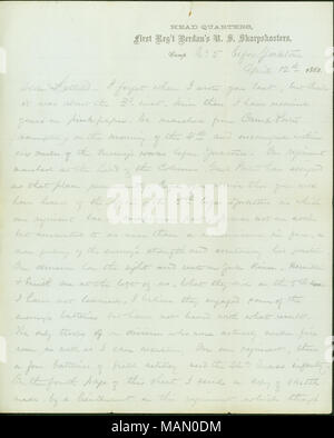 Contiene un conto di azione durante l'Assedio di Yorktown, critica del colonnello Hiram Berdan, e contiene una mano disegnato mappa dell' Unione e posizioni confederati a Yorktown. Titolo: lettera firmata George [George Hastings], Yorktown a Lillie [Lillie Umsted], 12 aprile 1862 . 12 aprile 1862. Hastings, George G. Foto Stock