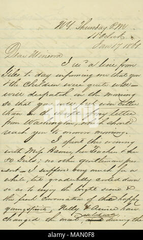 Durante una visita a sua figlia Susan, afferma che il mood è New York è premuto, il credito è andato, e la fiducia è stato scosso per la stabilità del governo. Titolo: lettera firmata Henry T. Blow, N.Y., a Minerva [Minerva Blow], Gennaio 11, 1861 . 11 gennaio 1861. Soffiare, Henry T. (Henry Taylor), 1817-1875 Foto Stock