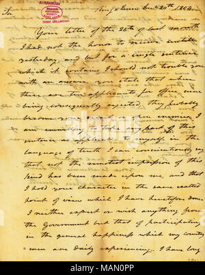 Membri, ?ǣI hanno da tempo previsto l'painfull imbarazzo attendant su prenotazione di appuntamenti e con grande riluttanza obtrude me sul governo come un candidato per l'ufficio. ? Titolo: lettera firmata Larkin Smith, il Re e la regina [paese], di Thomas Jefferson, Dicembre 20, 1804 . Il 20 dicembre 1804. Smith, Larkin Foto Stock
