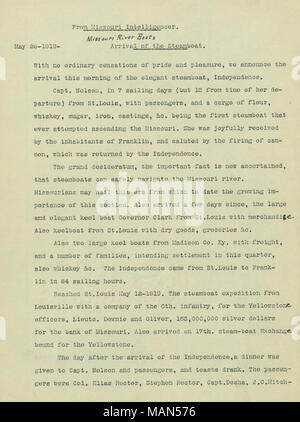Per quanto riguarda il viaggio steamboat e commercio sul fiume Missouri. La maggior parte degli articoli riguardano la Generale William Ashley's spedizione contro il popolo Arikara nel 1823. Include duplicato dei primi dieci pagine. Titolo: dattiloscritto estratti da theMissouri Intelligencer e patriota Columbia, 28 maggio 1819 al 19 marzo 1842 . tra 1819 e 1842. Foto Stock