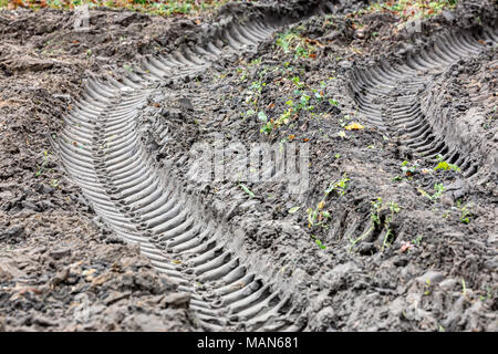 Tracce di pneumatici nel paese. fangosi dopo la pioggia. Foto Stock