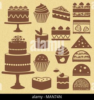 Vari tipi di torte e tortine silhouette icone sul bacmground testurizzato. Illustrazione Vettoriale
