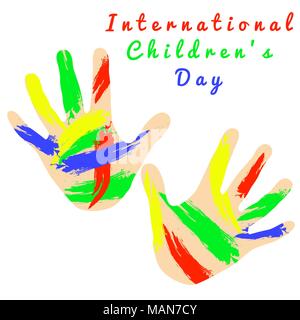 Internazionale il giorno per i bambini. Concetto dell'evento. Bambini palme e sbavature di vernice. Isolato su sfondo bianco Illustrazione Vettoriale