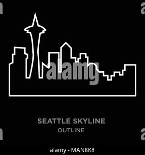 Bordo bianco sullo skyline di Seattle delineano su sfondo nero, illustrazione vettoriale Illustrazione Vettoriale