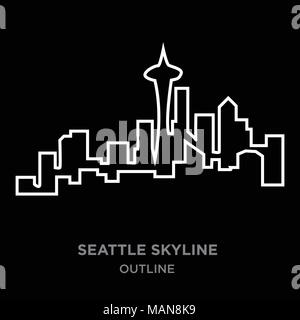 Bordo bianco sullo skyline di Seattle delineano su sfondo nero, illustrazione vettoriale Illustrazione Vettoriale