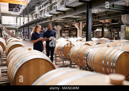 Due persone dello staff di ispezionare in botti di vino da un magazzino di fabbrica Foto Stock
