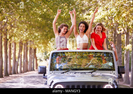 Fidanzate in piedi in una sommità aperta car con le braccia in aria Foto Stock