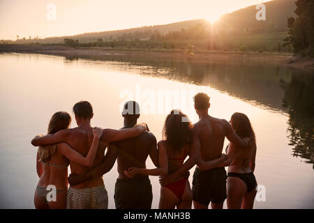 Amici ammirando vista dal lungolago, vista posteriore, chiudere fino Foto Stock