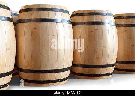 3D illustrazione in botti di legno vino isolato su sfondo bianco. La bevanda alcolica in botti di legno, quali vino, cognac, rum e brandy. Foto Stock