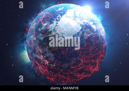 3D rendering di rete e lo scambio di dati su pianeta terra nello spazio. Il concetto di contaminazione della terra da parte di un virus mortale. Il concetto di hacking la rete e lo scambio di dati, la terra è in pericolo gli elementi di questa immagine fornita dalla NASA Foto Stock