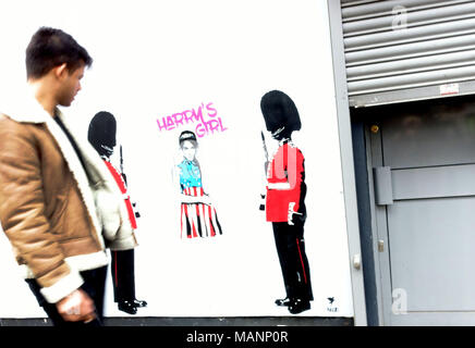 Graffito del principe Harry's fidanzata Meghan Markle da artista di strada Pegasus nel nord di Londra Foto Stock