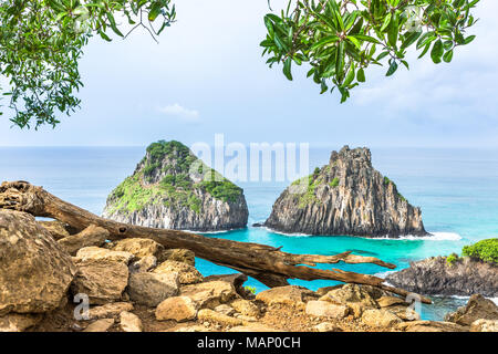 Fernando de Noronha, Brasile. Vista del Morro dos Dois Irmaos con guadagni e piante in primo piano. Foto Stock