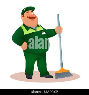 Cartoon sorridente bidello di mop winks. Grasso divertente personaggio in tuta verde con una strizzatina d'occhio occhio. Felice pulitore piatto in uniforme dal servizio di pulizia o la pulizia dell'ufficio. Colorata illustrazione vettoriale. Illustrazione Vettoriale