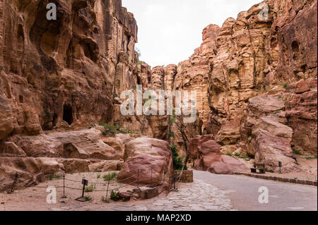 Il Siq è la voce principale strada che conduce alla sala Treasary nella città archeologica di Petra, Giordania. Foto Stock