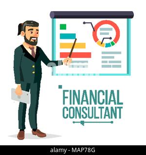 Consulente finanziario vettore. Imprenditore con Blackboard. Supporto professionale. Grafici di ricerca di mercato. La gestione del business. Diagrammi, schemi di relazioni finanziarie. Piatto isolato illustrazione di carattere Illustrazione Vettoriale