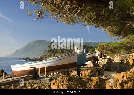 Colorfull piccole barche da pesca su uno scalo per la spiaggia La Verne La seyne sur Mer Foto Stock