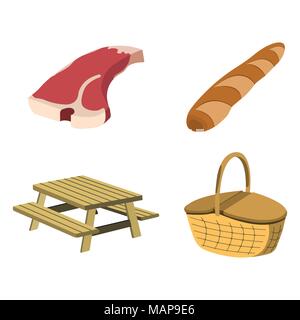 Set di icona di picnic. Etichetta di BBQ su sfondo bianco. In stile cartone animato. Illustrazione Vettoriale. Illustrazione Vettoriale