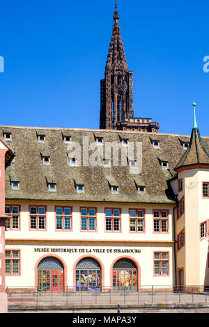 La Grande Boucherie edificio del XVI secolo, il museo storico, la guglia della cattedrale di Strasburgo, Alsazia, Francia, Europa Foto Stock