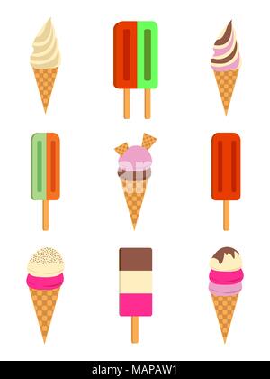 Set di Gelato Icona piatta. Illustrazione Vettoriale. Colorfull Gelato Logo design elemento. Retro etichetta per Gelateria. Gelato loghi. Estate isol Illustrazione Vettoriale