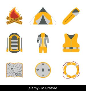 Il rafting e il turismo raccolta di icone. Turismo attrezzatura. Fiume viaggio in barca gli elementi web. Illustrazione Vettoriale. Illustrazione Vettoriale
