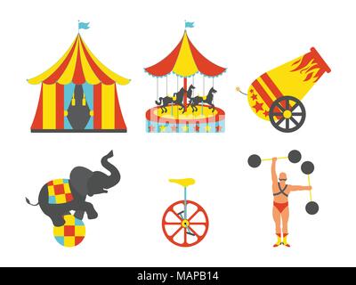 Set di Circus Icona. Vintage clip art set. Illustrazione Vettoriale. Illustrazione Vettoriale