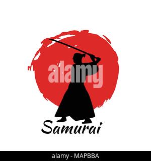 Giapponese Samurai Warriors Silhouette con spada katana sulla Luna Rossa. Illustrazione Vettoriale. Illustrazione Vettoriale