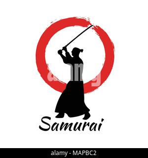 Giapponese Samurai Warriors Silhouette con spada katana sulla Luna Rossa. Illustrazione Vettoriale. Illustrazione Vettoriale